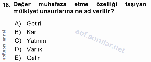 18. soru: Değer muhafaza etme özelliği taşıyan mülkiyet unsurlarına ne ad verilir? A) Getiri B) Kar C) Yatırım D) Varlık E) Gelir