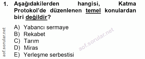 1. soru: Aşağıdakilerden hangisi, Katma Protokol'de düzenlenen temel konulardan biri değildir? A) Yabancı sermaye B) Rekabet C…