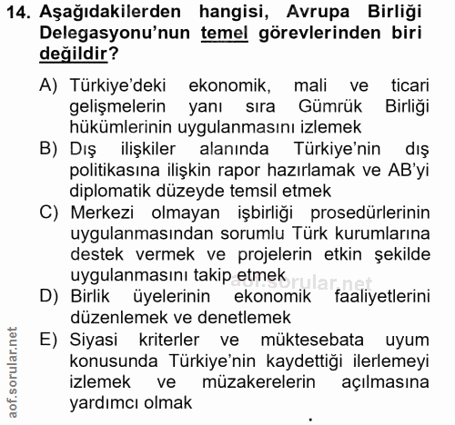 14. soru: Aşağıdakilerden hangisi, Avrupa Birliği Delegasyonu'nun temel görevlerinden biri değildir? A) Türkiye'deki ekonomik,…