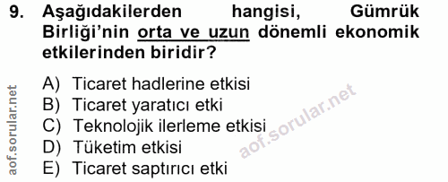 9. soru: Aşağıdakilerden hangisi, Gümrük Birliği'nin orta ve uzun dönemli ekonomik etkilerinden biridir? A) Ticaret hadlerine…