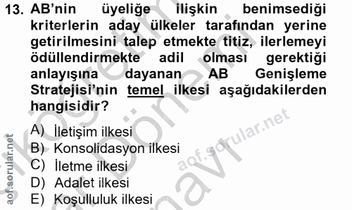 13. soru: AB'nin üyeliğe ilişkin benimsedigi kriterlerin aday ülkeler tarafından yerine getirilmesini talep etmekte titiz, iler…