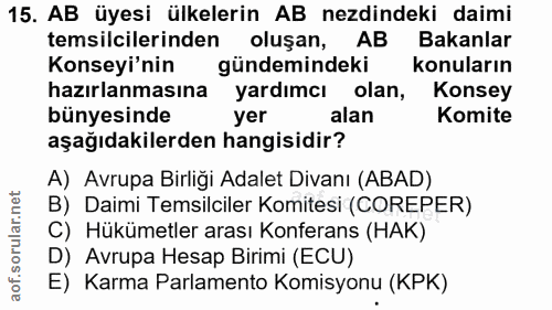 15. soru: AB üyesi ülkelerin AB nezdindeki daimi temsilcilerinden oluşan, AB Bakanlar Konseyi'nin gündemindeki konuların hazırl…