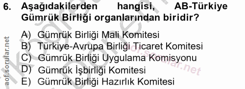 6. soru: Aşağıdakilerden hangisi, AB-Türkiye Gümrük Birliği organlarından biridir? A) Gümrük Birliği Mali Komitesi B) Türkiye-…
