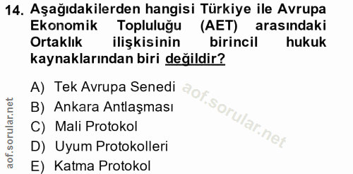 14. soru: Aşağıdakilerden hangisi Türkiye ile Avrupa Ekonomik Topluluğu (AET) arasındaki Ortaklık ilişkisinin birincil hukuk ka…