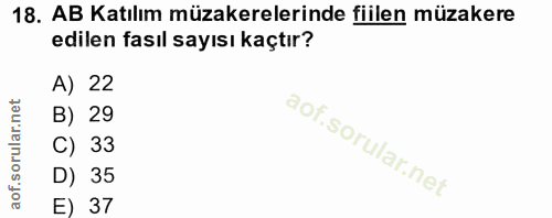 18. soru: AB Katılım müzakerelerinde fiilen müzakere edilen fasıl sayısı kaçtır? A) 22 B) 29 C) 33 D) 35 E) 37