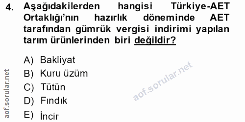 4. soru: Aşağıdakilerden hangisi Türkiye-AET Ortaklığı'nın hazırlık döneminde AET tarafından gümrük vergisi indirimi yapılan t…