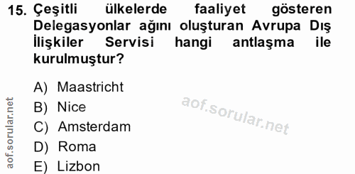 15. soru: Çeşitli ülkelerde faaliyet gösteren Delegasyonlar ağını oluşturan Avrupa Dış İlişkiler Servisi hangi antlaşma kurulmu…