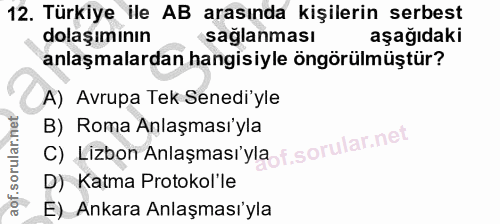 12. soru: Türkiye ile AB arasında kişilerin serbest dolaşımının saglanması aşağıdaki anlaşmalardan hangisiyle öngörülmüştür? A)…