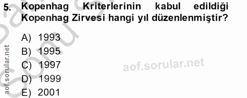 5. soru: Kopenhag Kriterlerinin kabul edildiği Kopenhag Zirvesi hangi yıl düzenlenmiştir? A) 1993 B) 1995 C) 1997 D) 1999 E) 2001