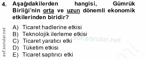 4. soru: Aşağıdakilerden hangisi, Gümrük Birliği'nin orta ve uzun dönemli ekonomik etkilerinden biridir? A) Ticaret hadlerine…
