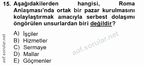 15. soru: Aşağıdakilerden hangisi, Roma Anlaşması'nda ortak bir pazar kurulmasını kolaylaştırmak amacıyla serbest dolaşımı öngö…