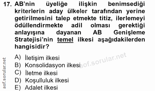 17. soru: AB'nin üyeliğe ilişkin benimsediği kriterlerin aday ülkeler tarafından yerine getirilmesini talep etmekte titiz, iler…