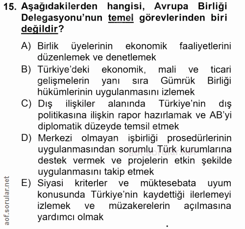 15. soru: Aşağıdakilerden hangisi, Avrupa Birliği Delegasyonu'nun temel görevlerinden biri değildir? A) Birlik üyelerinin ekono…