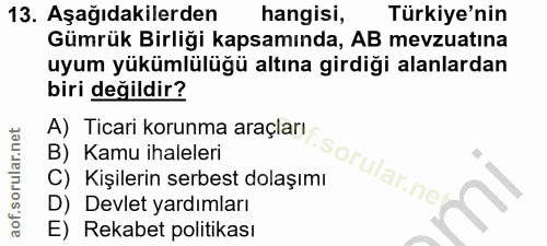 13. soru: Aşağıdakilerden hangisi, Türkiye'nin Gümrük Birliği kapsamında, AB mevzuatina uyum yükümlülüğü altına girdiği alanlar…