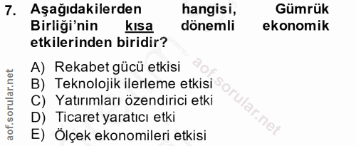 7. soru: Aşağıdakilerden hangisi, Gümrük Birliği'nin kısa dönemli ekonomik etkilerinden biridir? A) Rekabet gücü etkisi B) Tek…