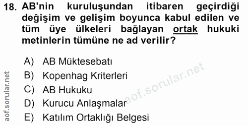 18. soru: AB'nin kuruluşundan itibaren geçirdiği değişim ve gelişim boyunca kabul edilen ve tüm üye ülkeleri bağlayan ortak huk…