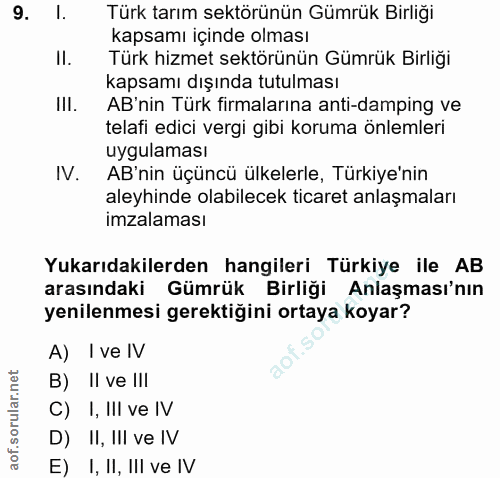 9. soru: l. Türk tarım sektörünün Gümrük Birliği kapsamı içinde olması ll. Türk hizmet sektörünün Gümrük Birliği kapsamı dışın…