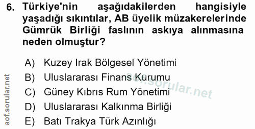6. soru: Türkiye'nin aşağıdakilerden hangisiyle yaşadığı sıkıntılar, AB üyelik müzakerelerinde Gümrük Birliği faslının askıya…