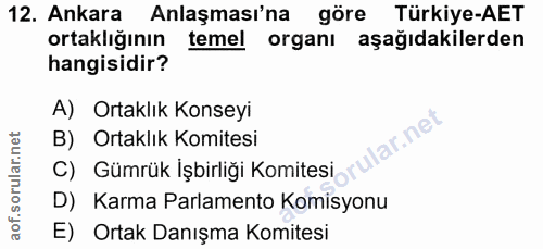 12. soru: Ankara Anlaşması'na göre Türkiye-AET ortaklığının temel organı aşağıdakilerden hangisidir? A) Ortaklık Konseyi lar.ne…