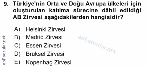 9. soru: Türkiye'nin Orta ve Doğu Avrupa ülkeleri için oluşturulan katılma sürecine dâhil edildiği AB Zirvesi aşağıdakilerden…