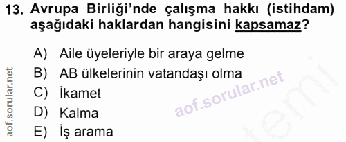 13. soru: Avrupa Birliği'nde çalışma hakkı (istihdam) aşağıdaki haklardan hangisini kapsamaz? A) Aile üyeleriyle bir araya gelm…