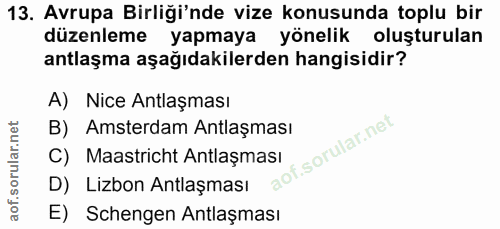 13. soru: Avrupa Birliği'nde vize konusunda toplu bir düzenleme yapmaya yönelik oluşturulan antlaşma aşağıdakilerden hangisidir…