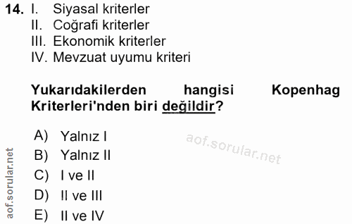 14. soru: I. Siyasal kriterler II. Coğrafi kriterler IlI. Ekonomik kriterler IV. Mevzuat uyumu kriteri Yukarıdakilerden hangisi…