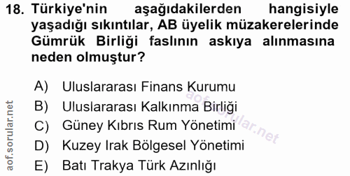 18. soru: Türkiye'nin aşağıdakilerden hangisiyle yaşadığı sıkıntılar, AB üyelik müzakerelerinde Gümrük Birliği faslının askıya…