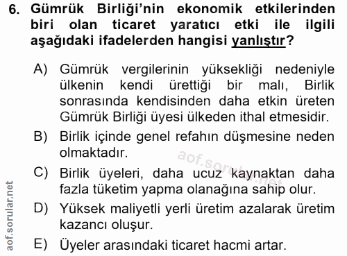 6. soru: Gümrük Birliği'nin ekonomik etkilerinden biri olan ticaret yaratıcı etki ile ilgili aşağıdaki ifadelerden hangisi yan…