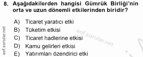 8. soru: Aşağıdakilerden hangisi Gümrük Birliği'nin orta ve uzun dönemli etkilerinden biridir? A) Ticaret yaratıcı etki B) Tük…