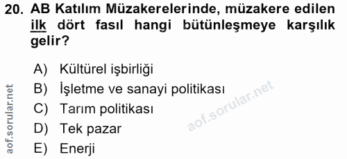 20. soru: AB Katılım Müzakerelerinde, müzakere edilen ilk dört fasıl hangi bütünleşmeye karşılık gelir? A) Kültürel işbirliği B…