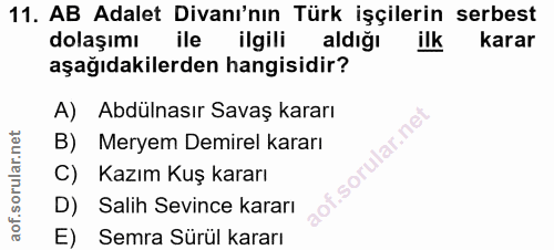11. soru: AB Adalet Divanı'nın Türk işçilerin serbest dolaşımı ile ilgili aldığı ilk karar aşağıdakilerden hangisidir? A) Abdül…