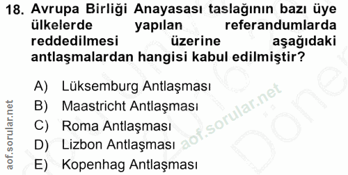 18. soru: Avrupa Birliği Anayasası taslağının bazı üye ülkelerde yapılan referandumlarda reddedilmesi üzerine aşağıdaki antlaşm…