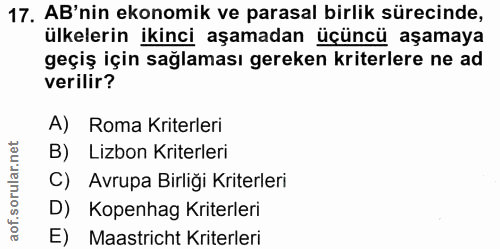 17. soru: AB'nin ekonomik ve parasal birlik sürecinde, ülkelerin ikinci aşamadan üçüncü aşamaya geçiş için sağlaması gereken kr…