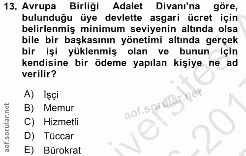 13. soru: Avrupa Birliği Adalet Divanı'na göre, bulunduğu üye devlette asgari ücret için belirlenmiş minimum seviyenin altında…