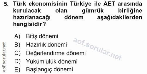 5. soru: Türk ekonomisinin Türkiye ile AET arasında kurulacak olan gümrük birliğine hazırlanacağı dönem aşağıdakilerden hangis…