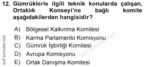 12. soru: Gümrüklerle ilgili teknik konularda çalışan, Ortaklık Konseyi'ne bağlı komite aşağıdakilerden hangisidir? A) Bölgesel…
