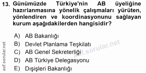 13. soru: Günümüzde Türkiye'nin AB üyeliğine hazırlanmasına yönelik çalışmaları yürüten, yönlendiren ve koordinasyonunu sağlaya…