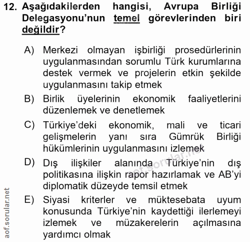 12. soru: Aşağıdakilerden hangisi, Avrupa Birliği Delegasyonu'nun temel görevlerinden biri değildir? A) Merkezi olmayan işbirli…
