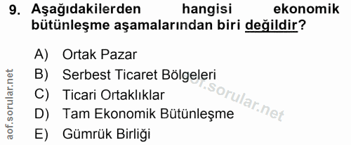 9. soru: Aşağıdakilerden hangisi ekonomik bütünleşme aşamalarından biri değildir? A) Ortak Pazar B) Serbest Ticaret Bölgeleri…