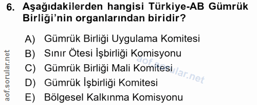 6. soru: Aşağıdakilerden hangisi Türkiye-AB Gümrük Birliği'nin organlarından biridir? A) Gümrük Birliği Uygulama Komitesi B) S…