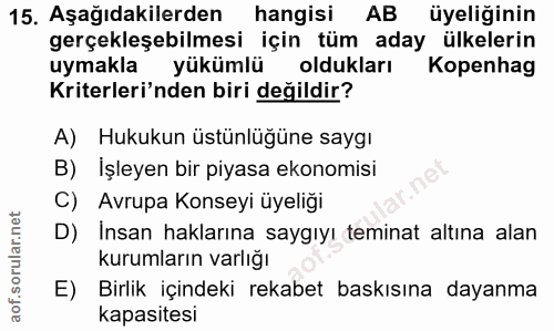 15. soru: Aşağıdakilerden hangisi AB üyeliğinin gerçekleşebilmesi için tüm aday ülkelerin uymakla yükümlü oldukları Kopenhag Kr…