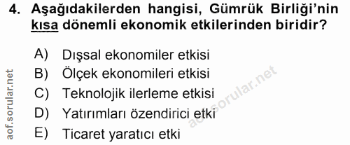 4. soru: Aşağıdakilerden hangisi, Gümrük Birliği'nin kısa dönemli ekonomik etkilerinden biridir? A) Dışsal ekonomiler etkisi B…