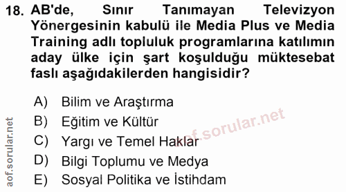 18. soru: AB'de, Sınır Tanımayan Televizyon Yönergesinin kabulü ile Media Plus ve Media Training adlı topluluk programlarına ka…