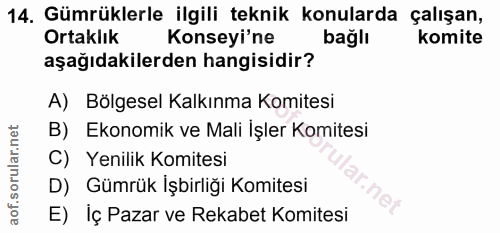 14. soru: Gümrüklerle ilgili teknik konularda çalışan, Ortaklık Konseyi'ne bağlı komite aşağıdakilerden hangisidir? A) Bölgesel…