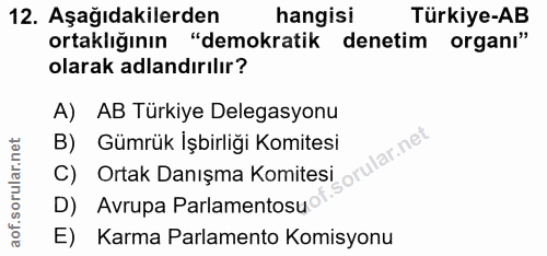 12. soru: Aşağıdakilerden hangisi Türkiye-AB ortaklığının "demokratik denetim organı" olarak adlandırılır? A) AB Türkiye Delega…