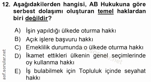 12. soru: Aşağıdakilerden hangisi, AB Hukukuna göre serbest dolaşımı oluşturan temel haklardan biri değildir? A) İşin yapıldığı…