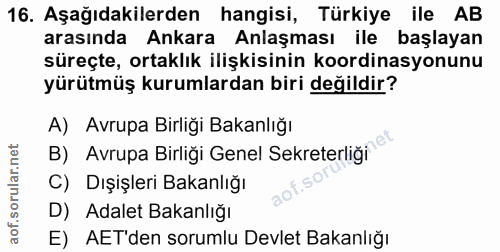 16. soru: Aşağıdakilerden hangisi, Türkiye ile AB arasında Ankara Anlaşması ile başlayan süreçte, ortaklık ilişkisinin koordina…