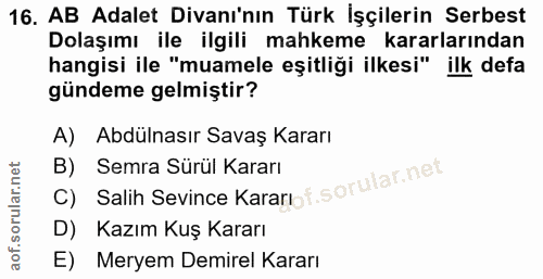 16. soru: AB Adalet Divanı'nın Türk İşçilerin Serbest Dolaşımı ile ilgili mahkeme kararlarından hangisi ile "muamele eşitliği i…