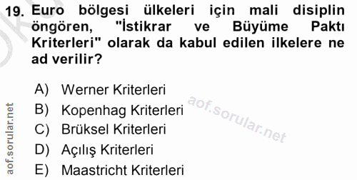 19. soru: Euro bölgesi ülkeleri için mali disiplin öngören, "istikrar ve Büyüme Paktı Kriterleri" olarak da kabul edilen ilkele…